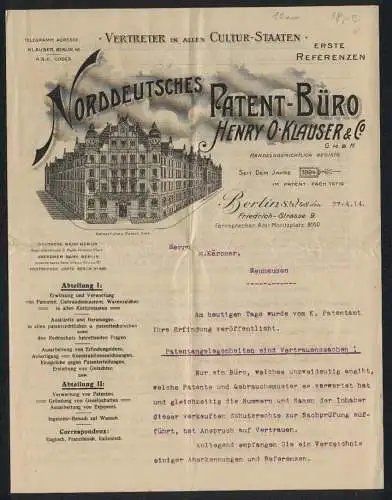 Briefkopf Berlin 1914, Henry O. Klauser & Co., Norddeutsches Patent-Büro, Das Kaiserliche Patent-Amt
