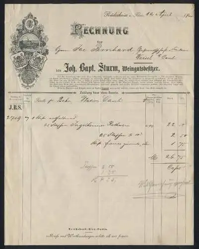 Rechnung Rüdesheim 1900, Joh. Bapt. Sturm, Weingutsbesitzer, Das Weingut am Wasser, herrschaftliche Wappen