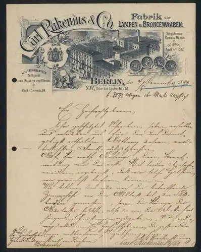 Briefkopf Berlin 1893, Carl Rakenius & Co., Fabrik von Lampen & Broncewaaren, Das Fabrikgelände mit Innenhof
