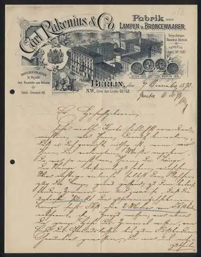Briefkopf Berlin 1893, Carl Rakenius & Co., Fabrik von Lampen & Broncewaaren, Das Geschäftsgelände mit Innenhof