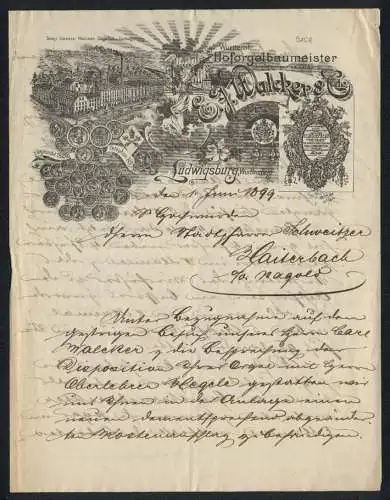 Briefkopf Ludwigsburg 1899, E. J. Walcker & Cie., Hoforgelbaumeister, Fabrikansicht, Engel an der Orgel, Messe-Medaillen