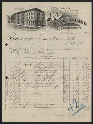 Rechnung Freiburg i. B. 1909, Wilh. Fischer, Textil-Grosshandlung, Geschäftshaus und Schutzmarken