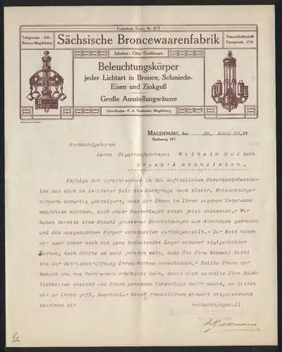 Briefkopf Magdeburg 1910, Otto Grellmann, Sächsische Broncewarenfabrik, Ansicht zweier Kronleuchter
