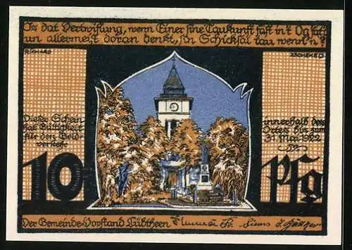 Notgeld Lübtheen i. M., 10 Pfennig, Denkmal vor der Kirche