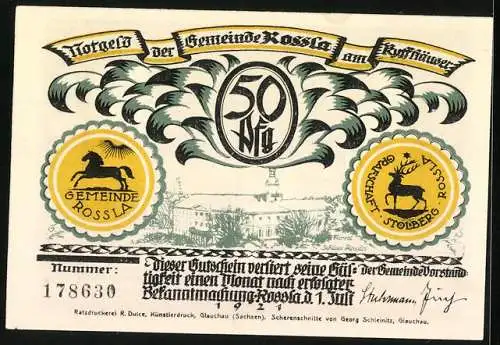 Notgeld Rossla am Kyffhäuser 1921, 50 Pfennig, Barbarossa sitzt im Schloss