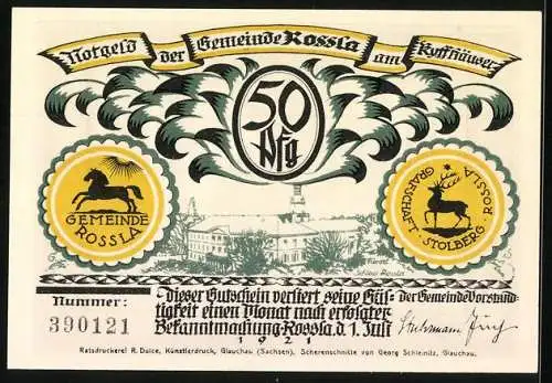 Notgeld Rossla am Kyffhäuser 1921, 50 Pfennig, Der Kaiser sitzt auf ernem Stuhl