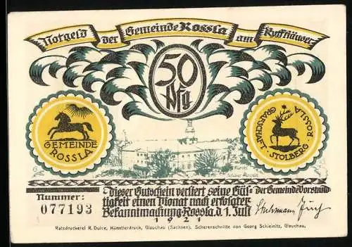 Notgeld Rossla am Kyffhäuser 1921, 50 Pfennig, Der Kaiser auf ernem Stuhl an marmornem Tisch