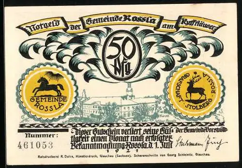 Notgeld Rossla am Kyffhäuser 1921, 50 Pfennig, Barbarossa schläft am Tisch