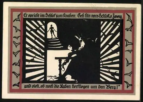 Notgeld Rossla am Kyffhäuser 1921, 25 Pfennig, Barbarossa befehligt im Schlaf den Knaben
