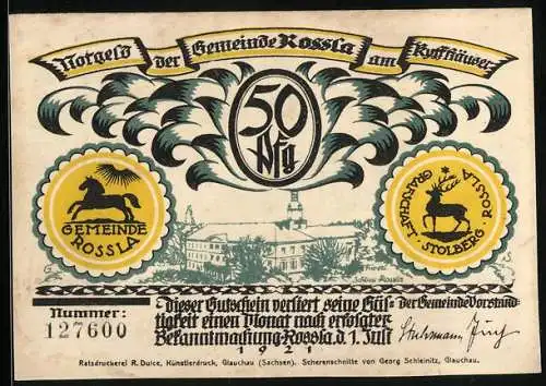 Notgeld Rossla am Kyffhäuser 1921, 25 Pfennig, Der Kaiser mit dem Kopf auf dem Tisch
