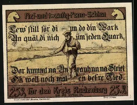 Notgeld Rotenburg i. Hann. 1921, 25 Pfennig, Bauer bei der Aussaat