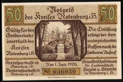 Notgeld Rotenburg i. H. 1920, 50 Pfennig, Blick zum Denkmal