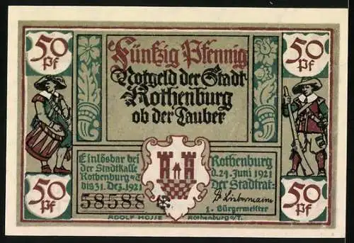 Notgeld Rothenburg ob der Tauber 1921, 50 Pfennig, Bürgermeister Bezold