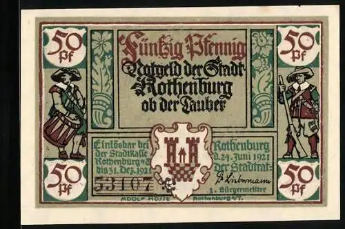 Notgeld Rothenburg ob der Tauber 1921, 50 Pfennig, Alt- Bürgermeister Musch
