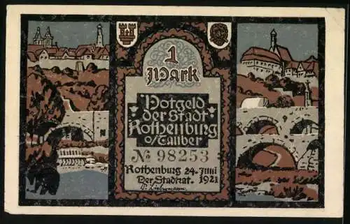 Notgeld Rothenburg ob der Tauber 1921, 1 Mark, Liebe, Treue, Glaube und Recht am Schlafen