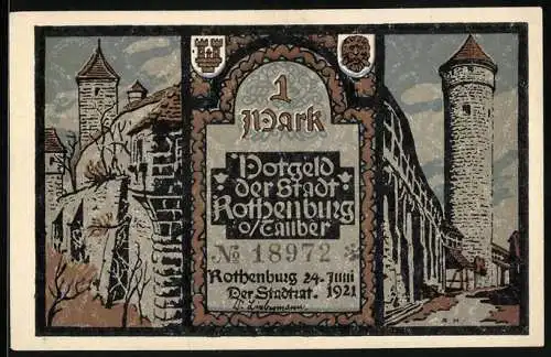 Notgeld Rothenburg ob der Tauber 1921, 1 Mark, Stadtmauer und Turm