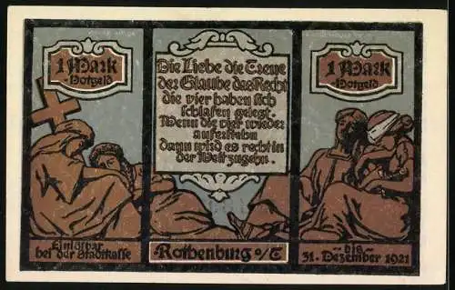 Notgeld Rothenburg ob der Tauber 1921, 1 Mark, Stadtmauer und Turm