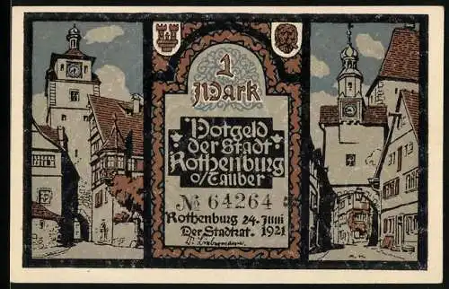 Notgeld Rothenburg ob der Tauber 1921, 1 Mark, Zwei Tortürme