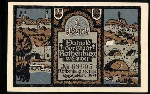 Notgeld Rothenburg ob der Tauber 1921, 1 Mark, Flussbrücke und Viadukt