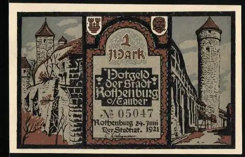 Notgeld Rothenburg ob der Tauber 1921, 1 Mark, Turm und Stadtmauerpartie