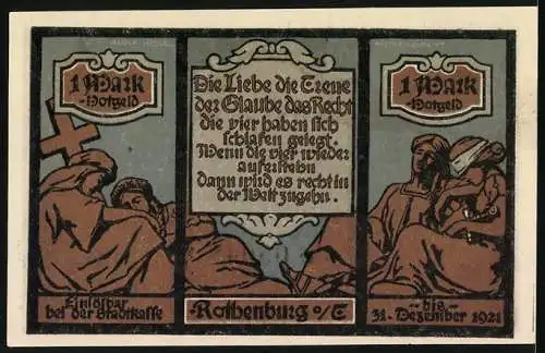 Notgeld Rothenburg ob der Tauber 1921, 1 Mark, Turm und Stadtmauerpartie