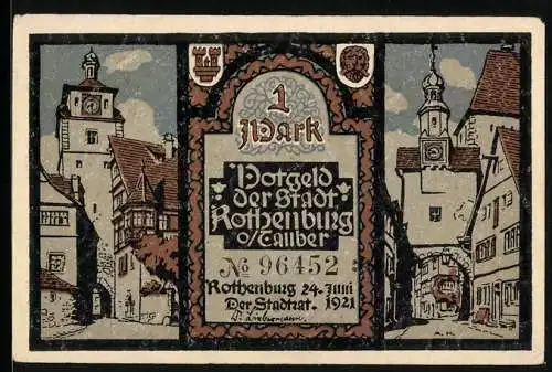 Notgeld Rothenburg ob der Tauber 1921, 1 Mark, Zwei Tortürme mit Uhren