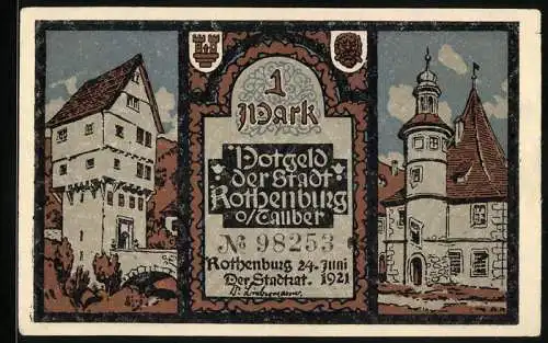 Notgeld Rothenburg ob der Tauber 1921, 1 Mark, Rathaus und Brückenturm