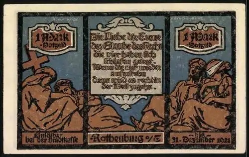 Notgeld Rothenburg ob der Tauber 1921, 1 Mark, Rathaus und Brückenturm