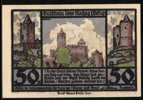 Notgeld Kösen / Saale, 50 Pfennig, Rudelsburg, Burgruine, Saalepartie