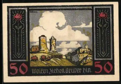 Notgeld Kösen / Saale, 50 Pfennig, Rudelsburg, Burgruine, zwei alte Türme