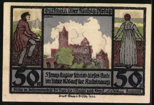 Notgeld Kösen / Saale, 50 Pfennig, Rudelsburg, Burgruine, zwei alte Türme