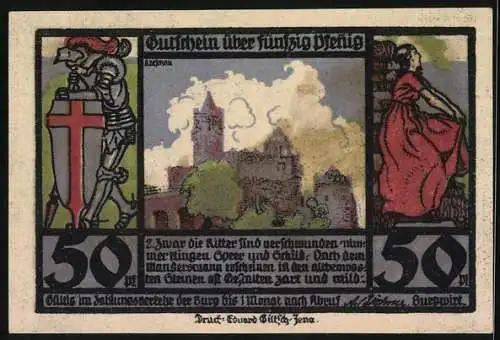 Notgeld Kösen / Saale, 50 Pfennig, Rudelsburg - Burgruine, Boot auf der Saale