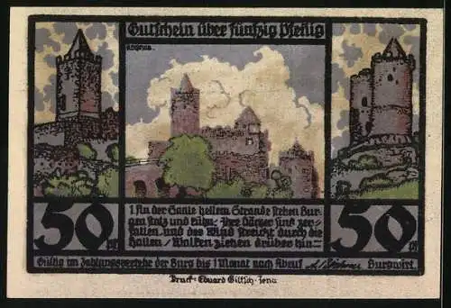 Notgeld Kösen / Saale, 50 Pfennig, Rudelsburg, Burgruine, Saale aus der Vogelschau