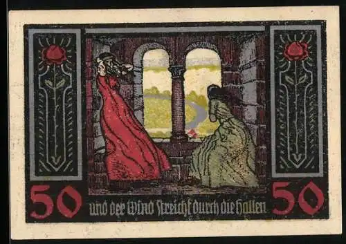 Notgeld Kösen / Saale, 50 Pfennig, Zwei Damen in der zugigen Burghalle der Rudelsburg