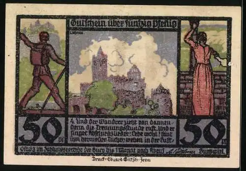 Notgeld Kösen / Saale, 50 Pfennig, Zwei Damen in der zugigen Burghalle der Rudelsburg