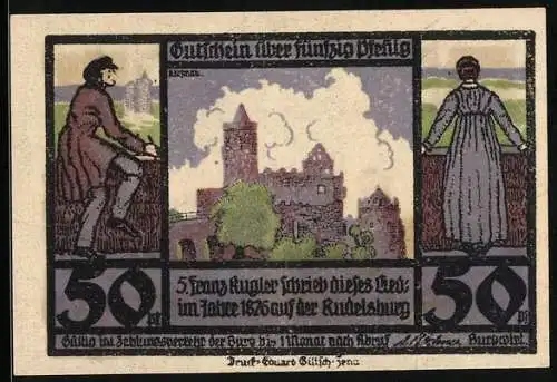 Notgeld Kösen / Saale, 50 Pfennig, Zwei alte Türme und die Burgruine Rudelsburg