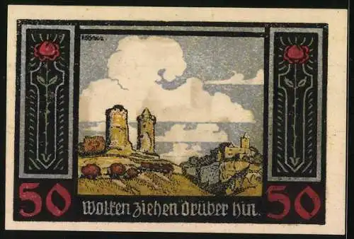 Notgeld Kösen / Saale, 50 Pfennig, Zwei alte Türme und die Burgruine Rudelsburg