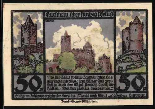 Notgeld Kösen / Saale, 50 Pfennig, Die Saale aus der Vogelschau, Burgruine