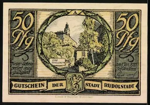 Notgeld Rudolstadt, 50 Pfennig, Schiller mit Familie, Schillerstrasse