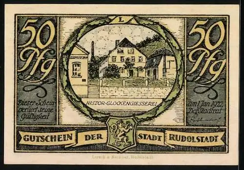 Notgeld Rudolstadt, 50 Pfennig, Brand der Kirche, Glockengiesserei