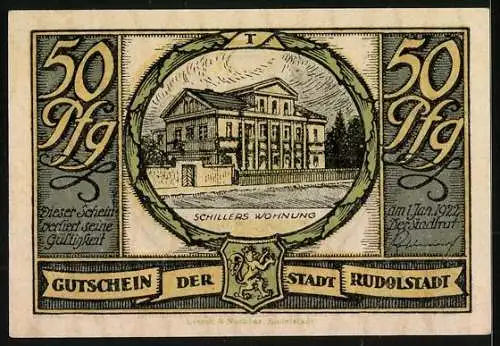 Notgeld Rudolstadt, 50 Pfennig, Schillers Wohnung