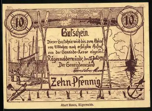 Notgeld Rügenwaldermünde 1921, 10 Pfennig, Strandpartie, Segelboot