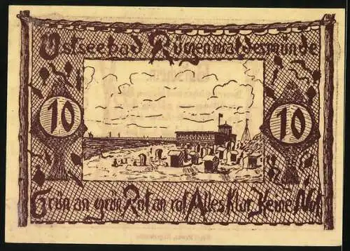 Notgeld Rügenwaldermünde 1921, 10 Pfennig, Strandpartie, Segelboot