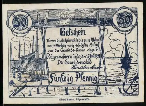 Notgeld Rügenwaldermünde 1921, 50 Pfennig, Fischer, Segelboot
