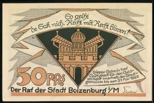 Notgeld Boizenburg i. M. 1922, 50 Pfennig, Rathaus, Stadtwappen