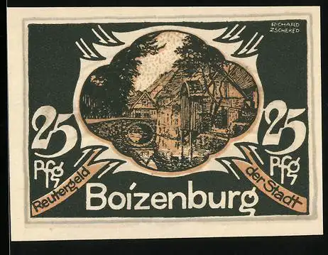 Notgeld Boizenburg 1922, 25 Pfennig, Ortspartie, Hafenarbeiter schleppen Säcke