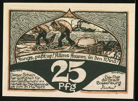 Notgeld Boizenburg 1922, 25 Pfennig, Ortspartie, Hafenarbeiter schleppen Säcke