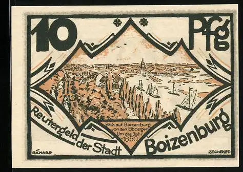 Notgeld Boizenburg 1922, 10 Pfennig, Blick auf den Ort von den Elbbergen um 1850