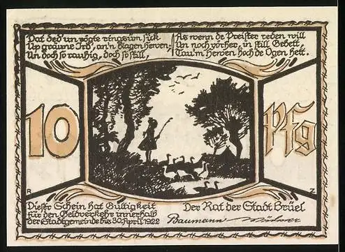 Notgeld Brüel 1922, 10 Pfennig, Ortspartie, Gänsehirtin