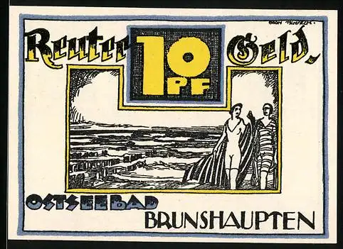 Notgeld Brunshaupten /Ostsee 1922, 10 Pfennig, Zwei Frauen beim Baden